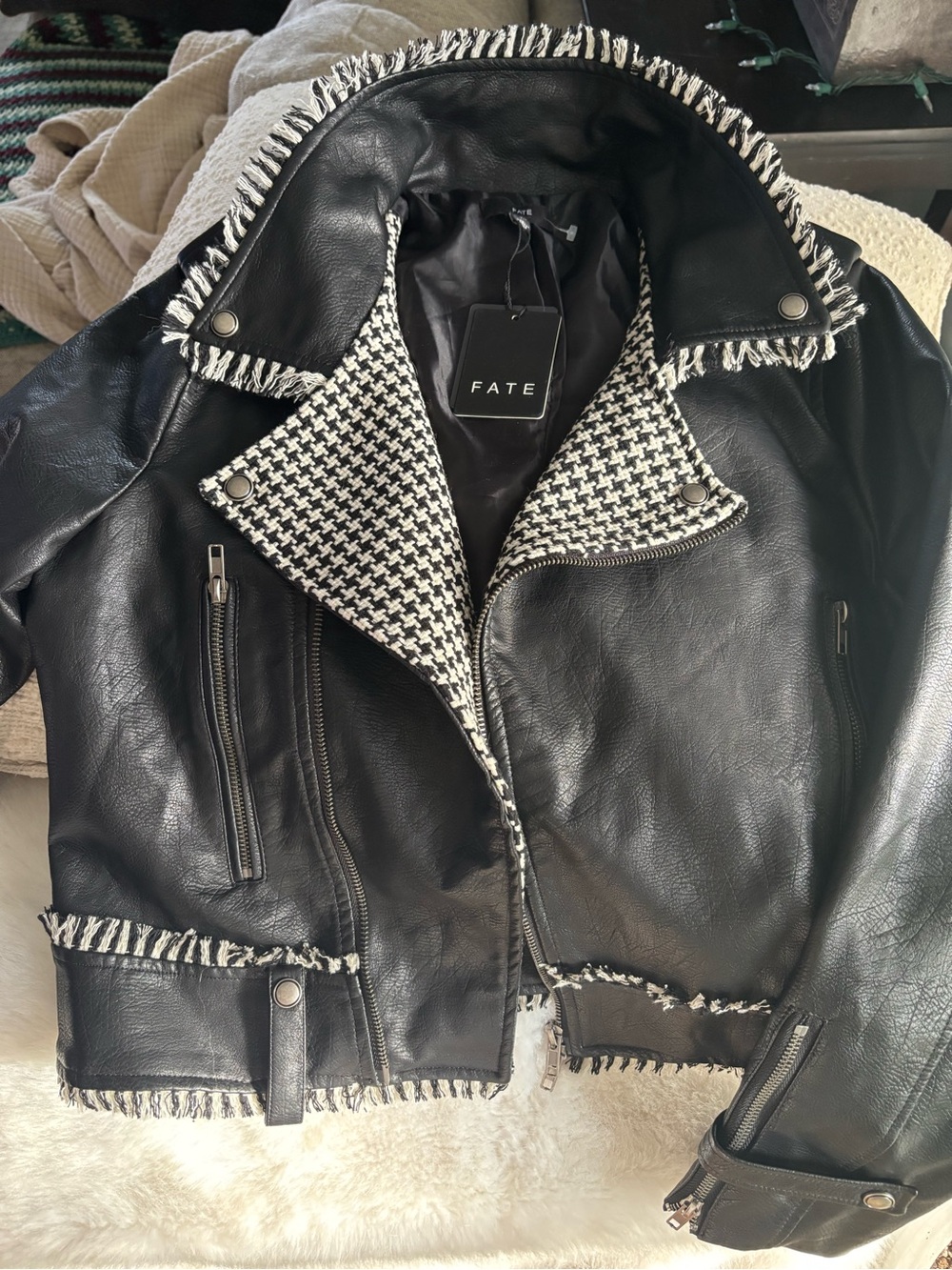 Fate Black and White Houndstooth Trim Biker Jacket